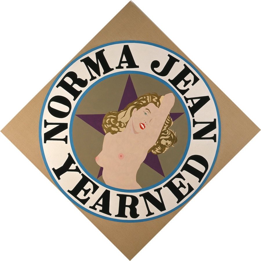 A 68 by 68 inch diamond shaped canvas with a light brown ground. In the center is a topless image of Monroe against a purple star in a light brown circle. Surrounding the circle is a white ring with a blue outlines, containing the painting's title, "Norma Jean Yearned" painted in black. 