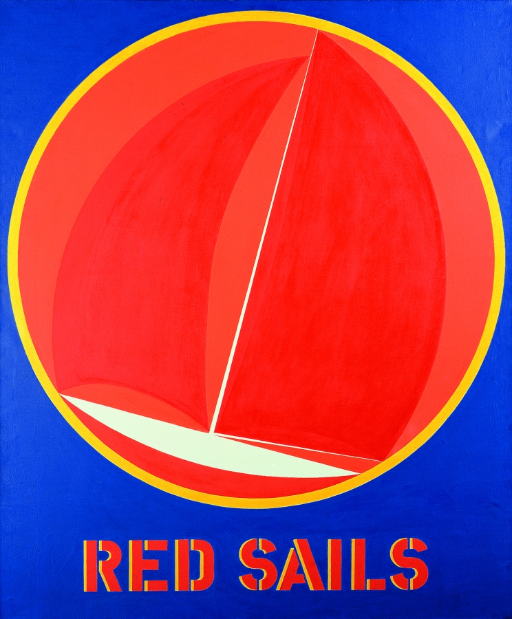A 60 by 50 inch canvas with a blue ground and its title, Red Sails, in painted in red and yellow stenciled letters along the bottom of the work. Above the title is an orange circle with a yellow outline. Within the circle is a red and white sailboat.