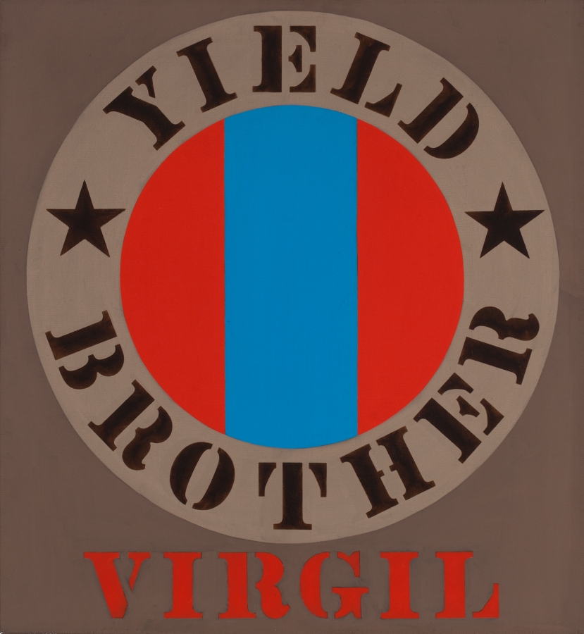 Yield Brother Virgil is a 24 by 22 inch brown painting with Virgil painted in red stenciled letters across the bottom center of the canvas. Above it is a red circle with a blue vertical band, surrounded by a lighter brown ring with the words "Yield" and "Brother" painted in a black stencil, and a black star in between the words.