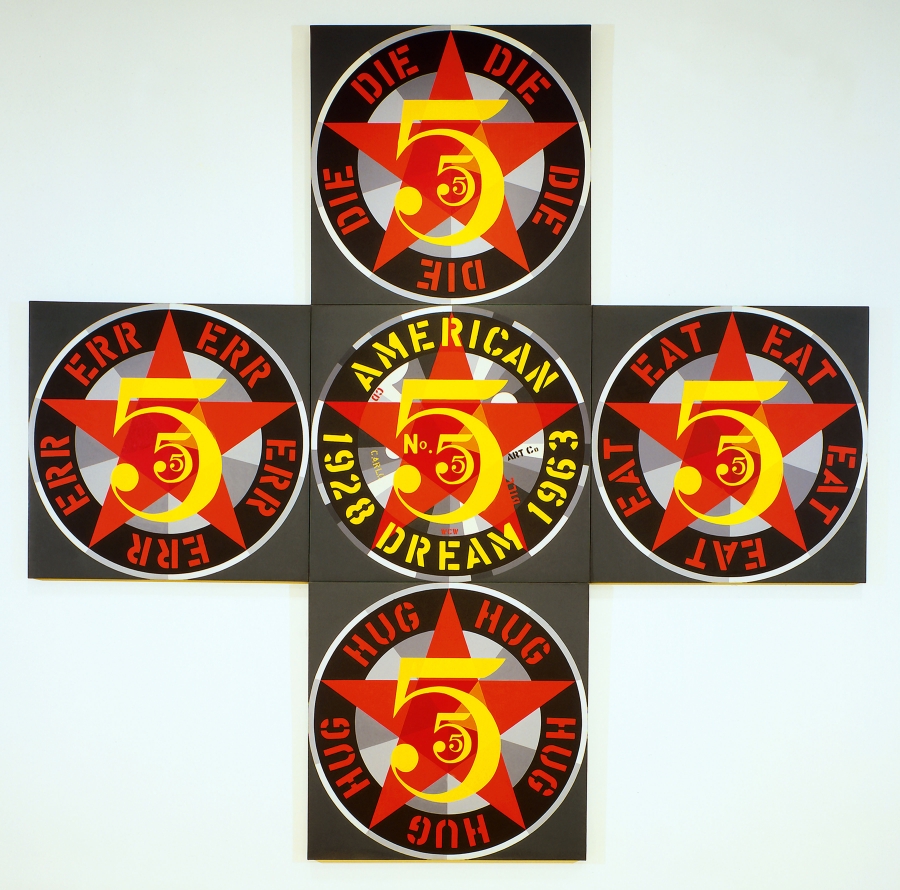 The Demuth American Dream No. 5 is a cross shaped painting made up five panels and measuring 144 by 144 inches overall. Each panel has a dark gray ground and holds a three yellow number fives in three sizes against a red star. Each panel has a black ring of text around the fives. The central ring has the text American Dream and the dates 1928 and 1963 in yellow. Each other ring contains a word painted in red which appears five times, in between each arm of the star. The word in the top panel is DIE, in the right panel it's EAT, in the lower panel HUG, and in the left panel ERR