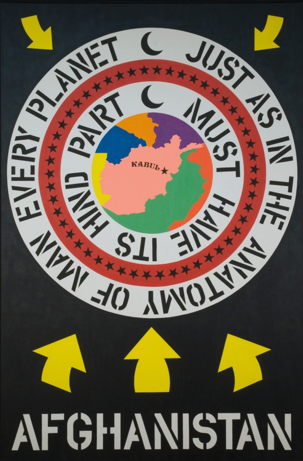 A 77 by 50 3/4 inch painting with a black ground and the work's title, Afghanistan, painted in white stenciled letters across the bottom. Above the title are three yellow arrows pointing towards a circle. In the center of the circle is a pink map of Afghanistan, with Kabul painted in black letters. Three concentric rings surround this, the outer and inner rings are white with black text, and the middle ring is red with black stars. The text reads, starting with the outer ring, "Just as in the anatomy of man every planet," and continuing with the inner ring "Must have its hind part."