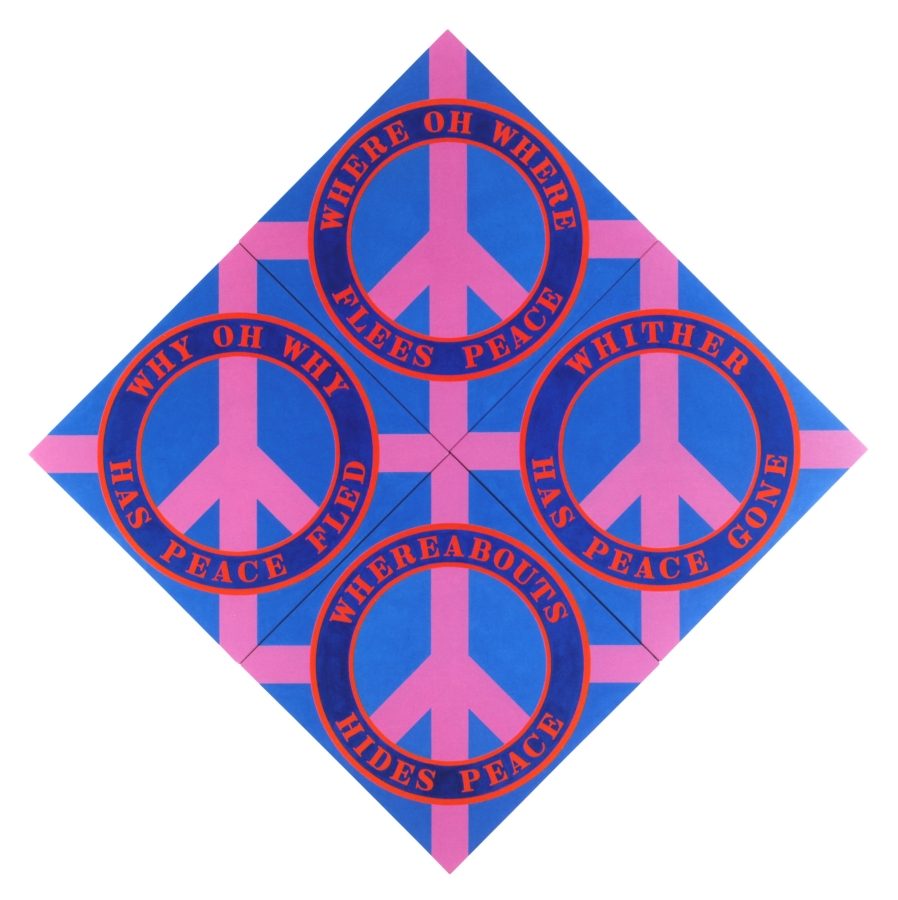 Four Diamond Peace is a diamond shaped painting comprised of four panels, measuring 101 by 101 inches overall. The panels have a blue ground, and each panel is dominated by a pink peace sign facing upwards surrounded by a dark blue ring with red outlines. The rings containing text in red, reading, clockwise from top: "Where Oh Where Flees Peace," "Whither Has Peace Gone," "Whereabouts Hides Peace," and "Why Oh Why Has Peace Fled." Pink bands have been painted from the edge of the ring to the corner of each panel. 
