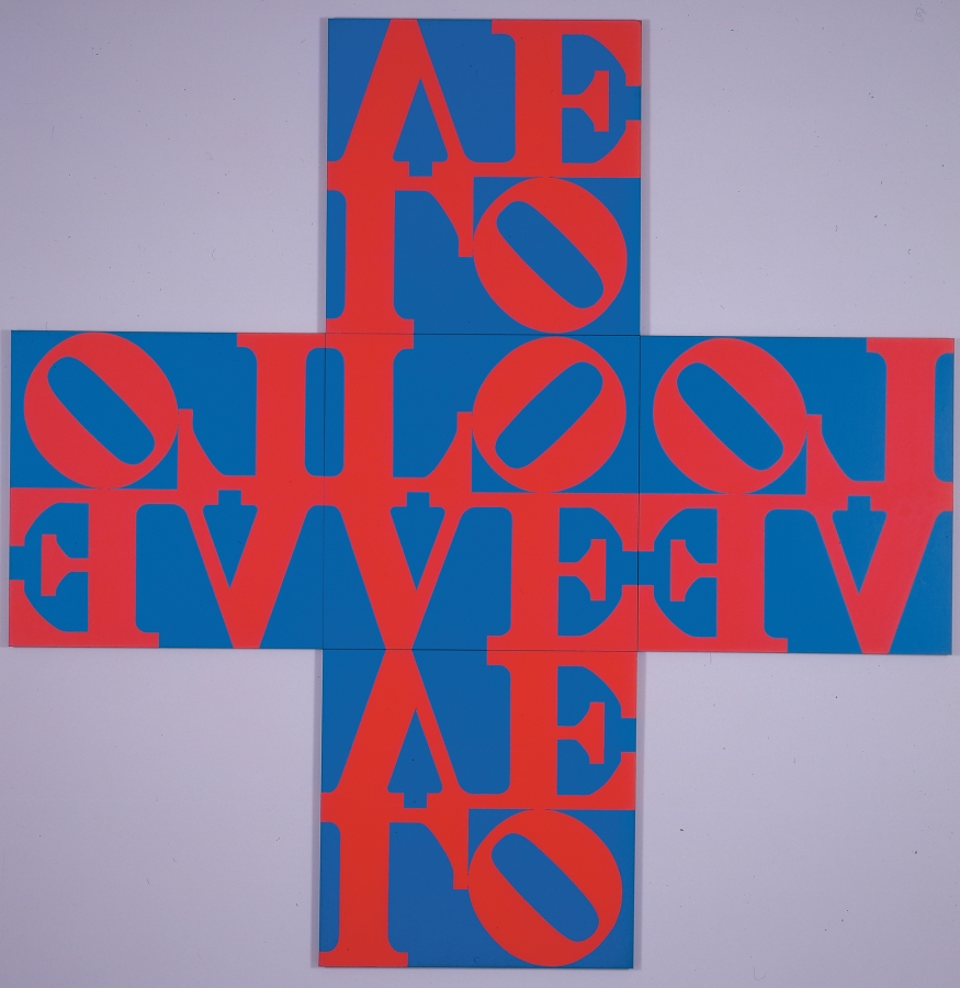 LOVE Cross is a 180 by 180 inch cross shaped painting consisting of five identical LOVE panels. Each panel consists of a red letter L and a tilted red O over the red letters V and E, against a blue ground. The O of the central panel faces right, the panels to left and right of the central panel are hung so that the O faces to the left. Both the top and bottom panels of the cross are hung upside down, so that the O faces to the right.