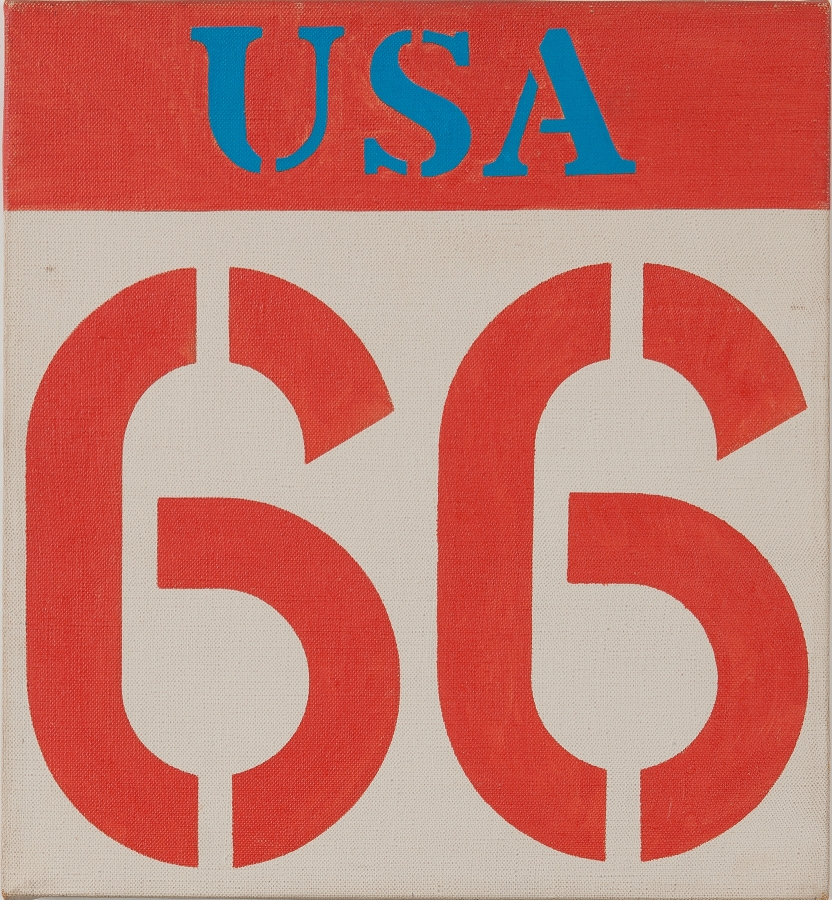 Route 66 is a 12 1/4 by 11 1/2 inch painting dominated by the number 66 painted in red against a white ground. Above the 66 is a horizontal field of red with the USA painted in blue stenciled letters.