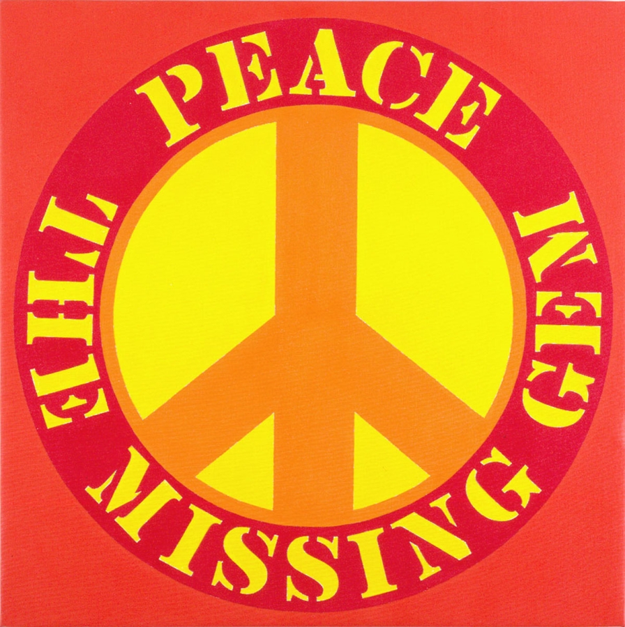 A 24 inch square painting with an orange peace sign within a  yellow circle surrounded by a red ring containing the painting's title, "Peace the Missing Gem" in yellow letters. The painting's background is an orange-red.