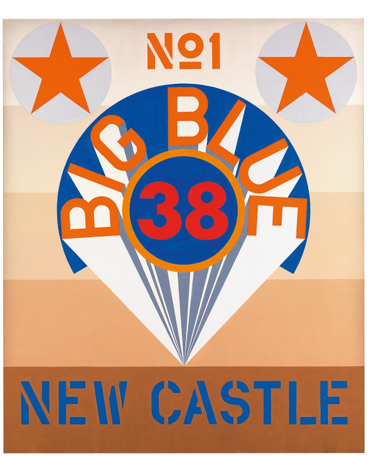A 60 by 50 inch canvas with a ground consisting of five horizontal stripes starting with beige at top and becoming increasingly darker. The darkest brown stripe at the bottom of the canvas contains the title, "New Castle" painted in stenciled blue letters.  In the center of the canvas is red number 38 in a blue circle with an orange outline. Above the circle is a a blue arc with "Big Blue" painted in orange letters. White and gray rays emanate from behind the letters, ending in a triangle below the circle. There is a white circle with an orange star at the top left and right of the canvas, in between this No 1 has been painted in orange.