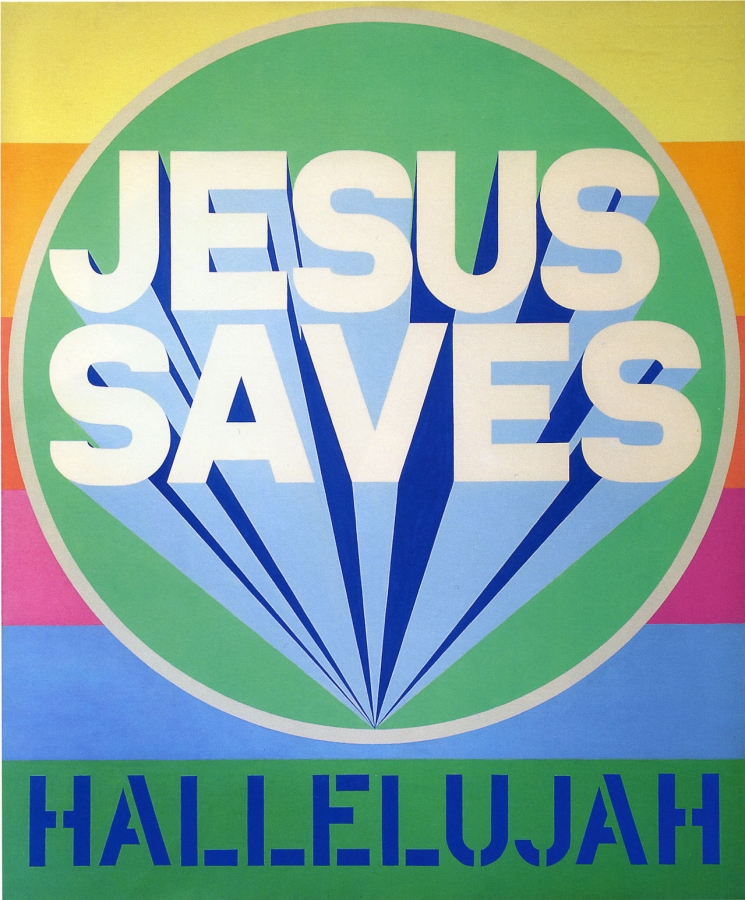 Hallelujah (Jesus Saves) is a 60 by 50 inch canvas. The background is a series of horizontal stripes, from top to bottom: yellow, orange, red, pink, blue, and green. Painted in blue stenciled letters across the green bottom stripe is Hallelujah. Above is a light green circle with a white outline. Inside the circle "Jesus Saves" has been painted in white letters, with rays of light and dark blue emanating from behind the letters.
