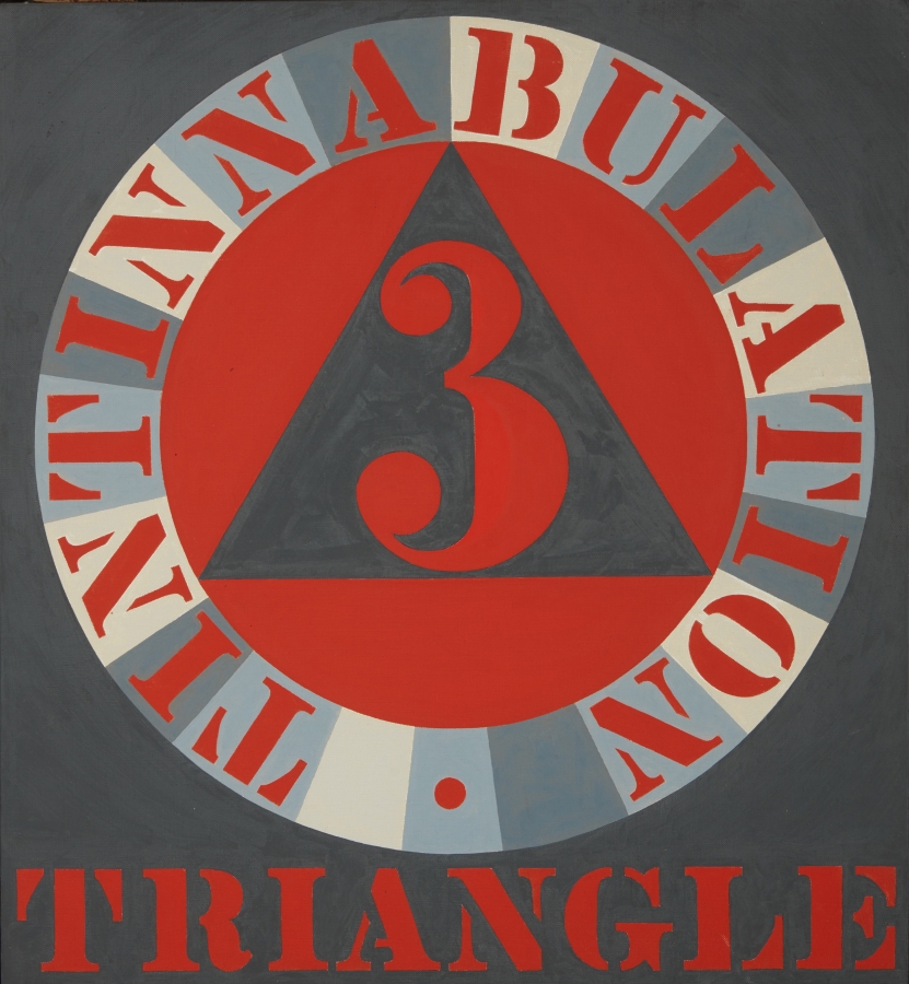 A 24 by 22 inch painting with a gray ground. The word triangle is painted in red letters across the bottom of the canvas. Above this is a red numeral three within a gray triangle within a red circle. surrounding the circle is a gray and white ring with the painting's title, "Tintinnabulation," in red letters.