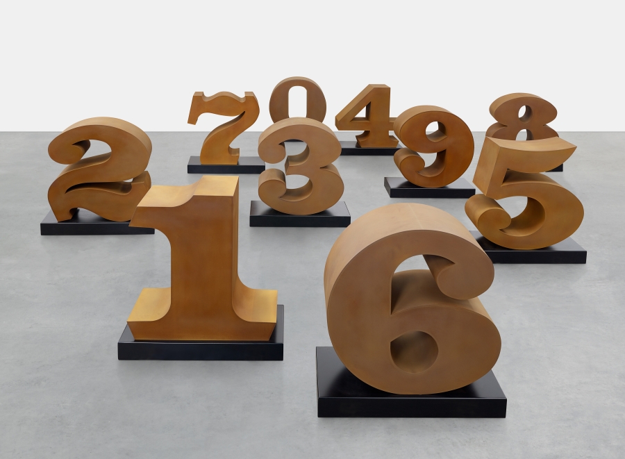 ONE Through ZERO (The Ten Numbers) consists of ten Cor-Ten steel sculptures of the numerals one through zero, each on a painted aluminum base, measuring 33 1/4 by 33 1/4 by 17 inches, including the base.