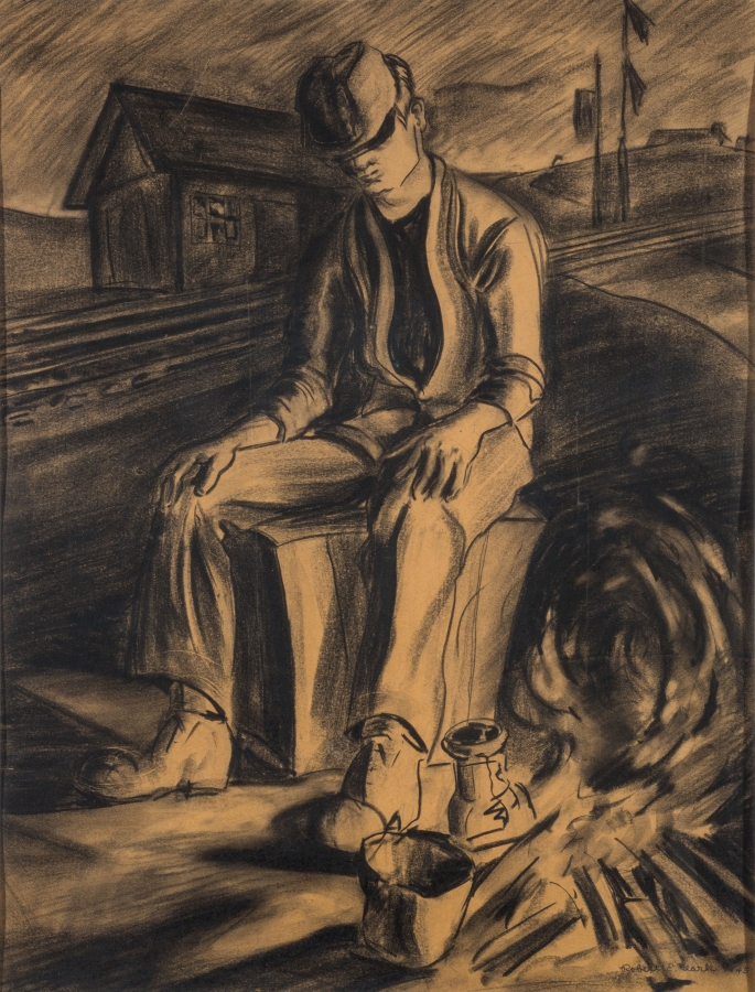 Drawing of a man sitting down, resting. Behind him are railroad tracks.