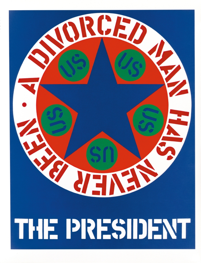 A Divorced Man Has Never Been the President is a 60 by 48 inch painting with a large circular design and text against a blue ground. Painted across the bottom of the work, in white stenciled letters, is "The President." Above this is a large red circle containing a blue star. Five smaller green circles, each with "US" in blue letters, have been painted between the arms of each star. A white ring surrounding the red circle contains the text "A divorced man has never been" painted in red stenciled letters.