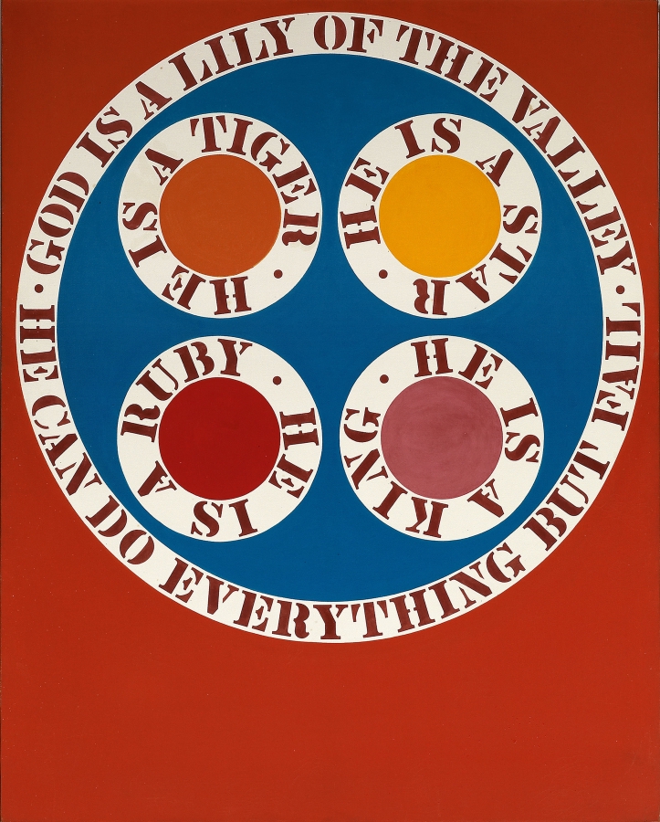A 60 by 48 inch painting titled God Is a Lily of the Valley, with a large blue circle against a red background. Within the circle are four other circles enclosing text around a white outer ring. The text reads "He is a star," "He is a king," "He is a ruby," and "He is a tiger." A white ring around the larger circle contains red stenciled text that reads "God is a lily of the valley. He can do everything but fail."