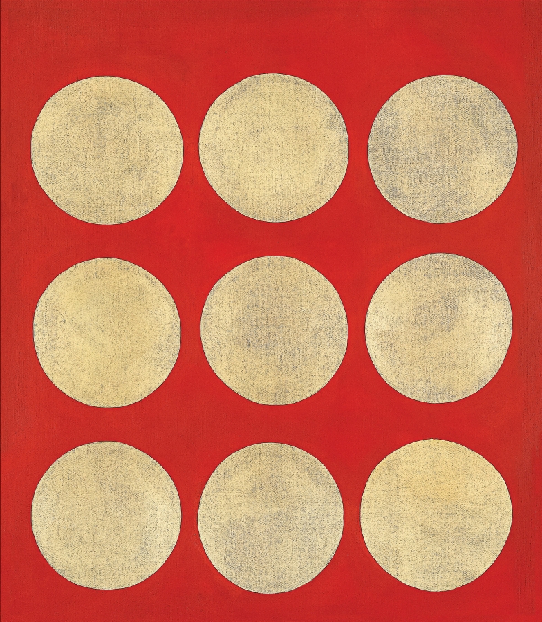 Three horizontal rows of three golden orbs against a red background