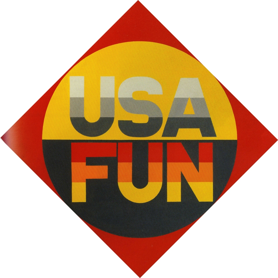 USA Fun is a 51 by 51 inch diamond shaped canvas with a large circle against an orange-red ground. The top half of the circle is yellow, with the text USA; each letter is three shades of gray, from lightest at top to darkest at bottom. The lower half of the circle is black, with the word fun, each letter consisting of a red, orange, and yellow stripes.