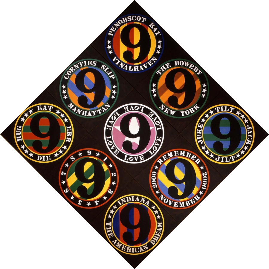 The Ninth American Dream is a diamond shaped painting made up of nine panels, measuring 153 by 153 inches overall. The ground of each panel is black, and each panel is dominated by a circle surrounded by a ring containing text and/or numbers. With the exception of the central panel each circle contains a black numeral nine with a background of two colors of stripes. The central panel contains a black numeral nine against a white star, and the text in the ring is the word "Love" repeated six times. The text and/or numbers in the other rings, clockwise from top reads, "Penobscot Bay Vinalhaven," "The Bowery New York," "Tilt, Jack, Jilt, Juke," "Remember 2000 November 2000," "Indiana The American Dream," 1 2 3 4 5 6 7 8 9," Eat Ear Die Hug," and "Coenties Slip Manhattan."