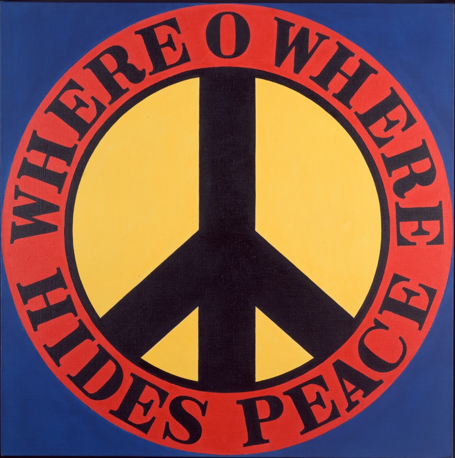 A 24 inch painting with a black peace sign in a yellow circle surrounded by a red ring containing the work's title, "Where O Where Hides Peace" written in black letters. The background of the painting is blue. 