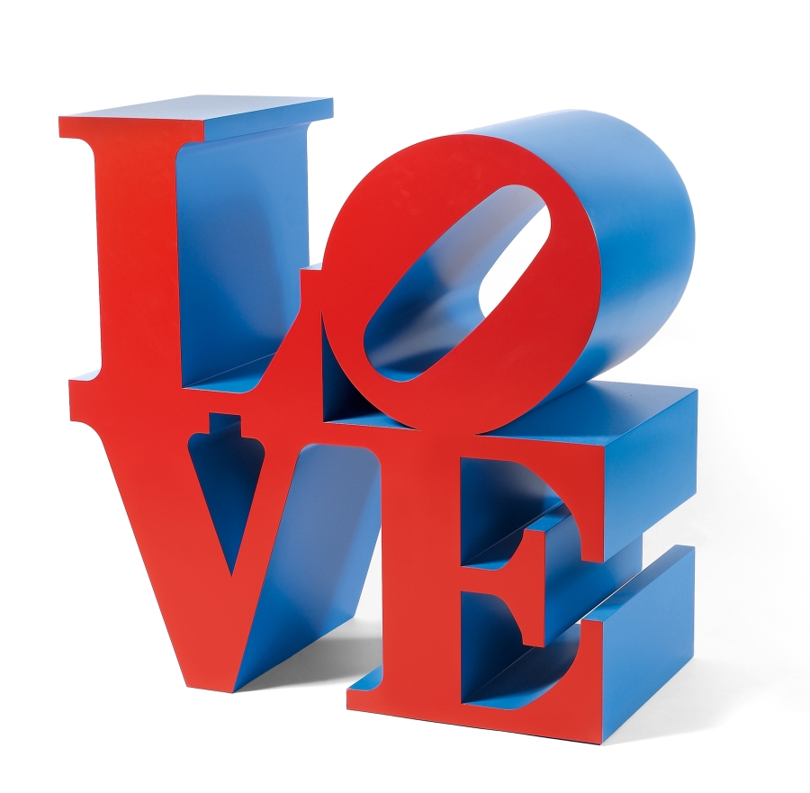 An 18 by 18 by 9 inch polychrome aluminum sculpture spelling love, consisting the letters L and a tilted letter O on top of the letters V and E. The faces of the letters are red, and the sides are blue.