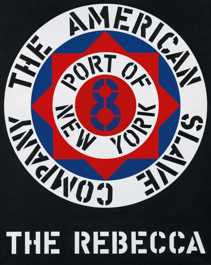 A 60 by 48 inch painting on with a black ground and its title, "The Rebecca," painted in white stenciled letters across the bottom of the canvas. Above the text is a large circle, at the center of which is a blue eight within a white ring with a the black text "Port of New York," within a red compass rose within a blue circle. Surrounding this is another white ring, containing the text, in black, "The American Slave Company."