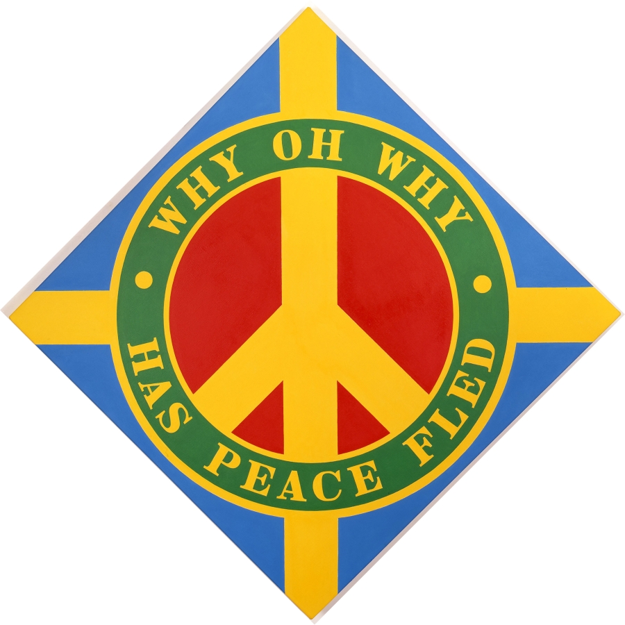 A 50 1/2 by 50 1/2 diamond shaped blue painting with a yellow peace sign. The ring around the peace sign is green with a yellow inner and outer outline. In it the work's title, "Why Oh Why Has Peace Fled," is painted in yellow letters. "Why Oh Why" appears on the top half, and "Has Peace Fled" appears on the bottom half. A small yellow circle has been painted to the side of each "why." Yellow rectangular bands of paint go from the outer edge of the circle to each corner of the triangle.