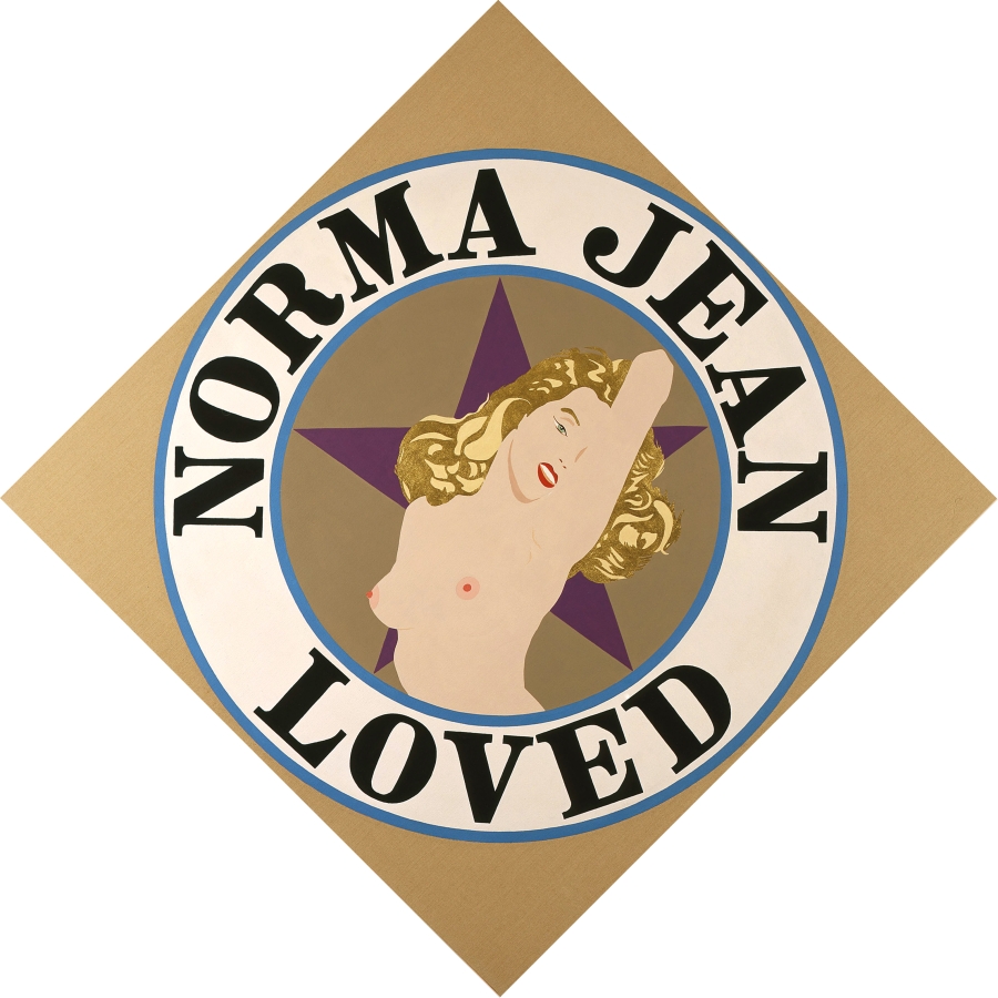 A 68 by 68 inch diamond shaped canvas with a light brown ground. In the center is a topless image of Monroe against a purple star in a light brown circle. Surrounding the circle is a white ring with a blue outlines, containing the painting's title, "Norma Jean Loved" painted in black. 