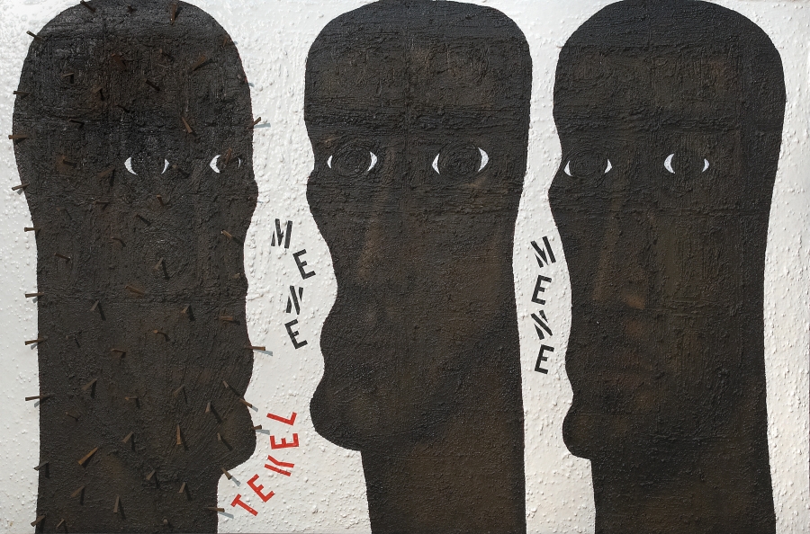 Mene Mene Tekel is a painting comprised of three dark brown totem like heads, the first has nails in it. in between the first two heads are the words Mene and Tekel; in between the second two heads is the word Mene