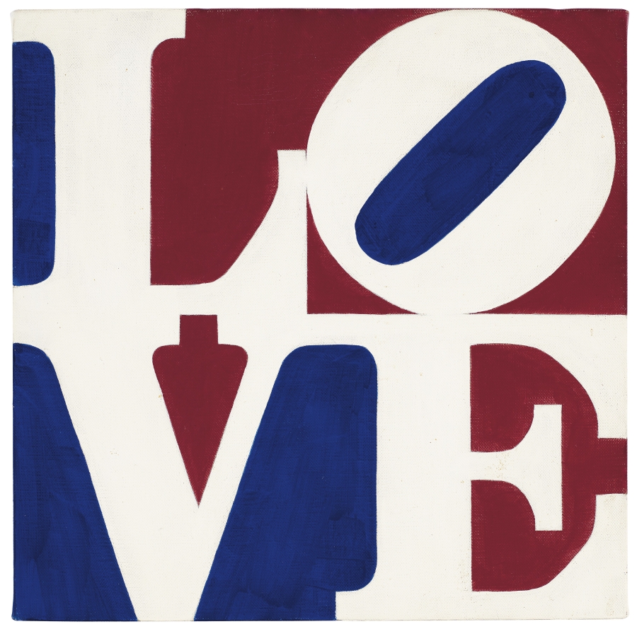LOVE is a 12 inch square painting with the white letters L and a tilted O stacked above the letters V and E, against a red and blue background.