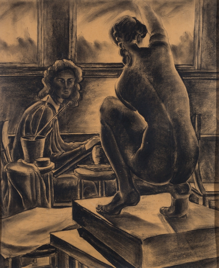 This drawing depicts a life drawing class. In the front right side of the work is a nude female model, her back towards the viewer. To her left is a female student, looking up at the model, sketchbook in hand.