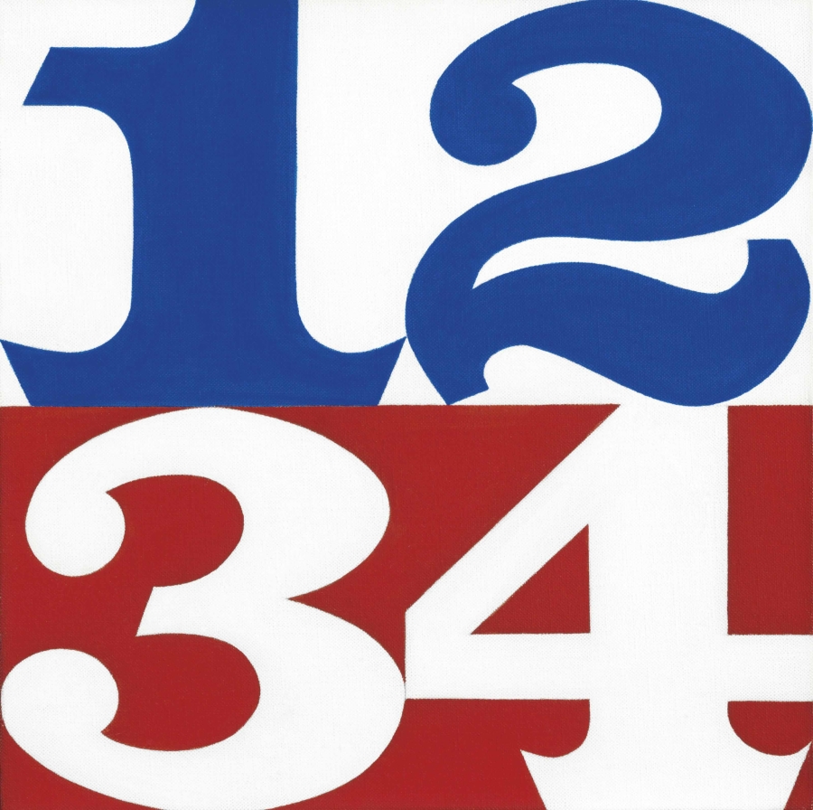 1, 2, 3, 4 is a 12 inch square painting. The top half consists of the numerals one and two in blue against a white background, and the bottom half of the numerals three and four in white against a red background.
