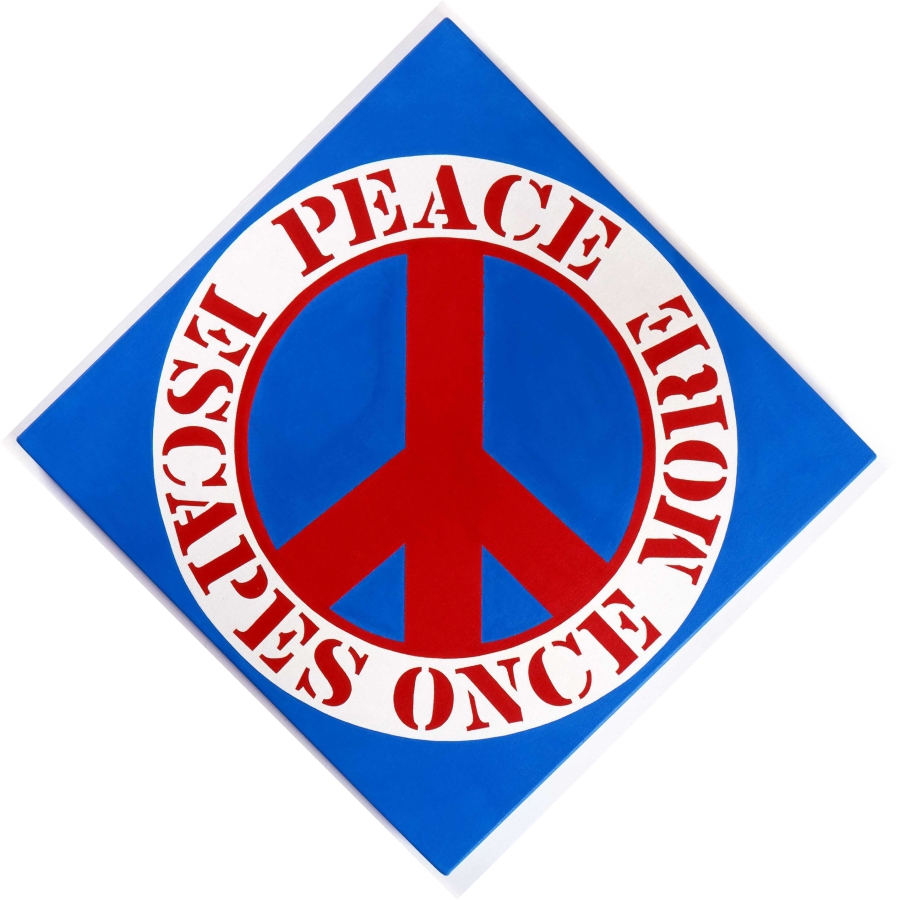 A 34 by 34 inch blue diamond shaped canvas with a red peace sign. Surrounding the peace sign is a white ring with a red inner outline and the painting's title, "Peace Escapes Once More" painted in red letters. "Peace" appears in the top of the ring and "Escapes Once More" in the bottom half.