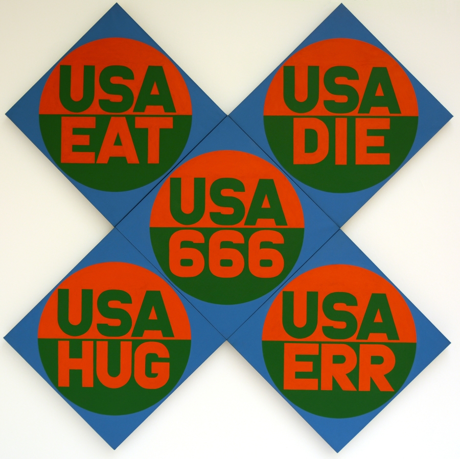 USA 666 is an x-format painting, made up of five panels and measuring 102 by 102 inches overall. Each panel has a blue background and circle divided in two, the top half red with USA painted in green, and the bottom green with a red word. The words are, clockwise from top left, "EAT,""DIE," "ERR," "HUG," and in the central panel "666."