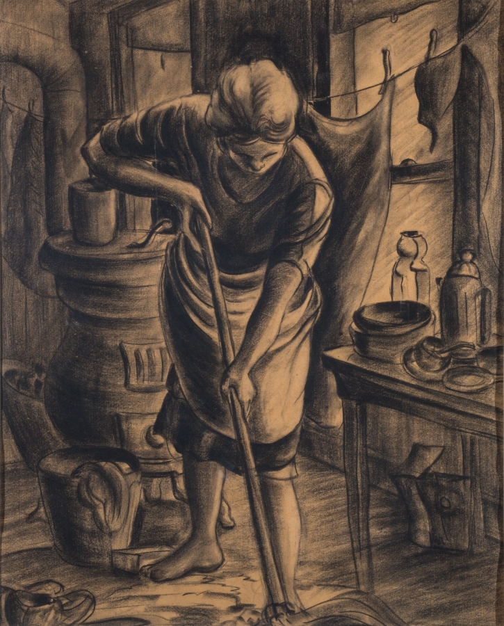 Drawing of a barefoot woman mopping the floor. Behind her, to her right, if a pot bellied stove. To her left is a table stacked with dishes and a line of laundry.