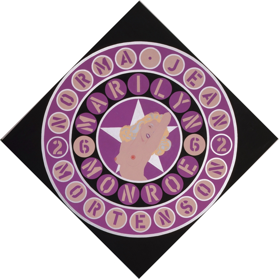 The Black Marilyn is a 102 by 102 inch black diamond shaped canvas. In the center of the painting is topless image of Monroe in front of a lilac star in a purple circle. Two rings of text surround this central image. The inner ring is black and contains the actress' name, Marilyn Monroe. Each lilac letter is in a separate purple ring, and separating her first and last name to the left and right of the inner circle is a purple numeral six in a lilac circle. The purple outer ring contains the actress' birth name, Norma Jean Mortenson, each individual purple letter in a lilac circle. Separating her first names and last name are two lilac purple numeral twos each in a purple circle.