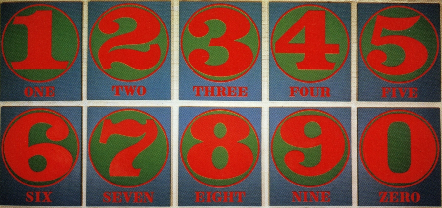 The Cardinal Numbers consists of ten 60 by 50 inch blue canvases, each with a red numeral between one and zero within a green circle with a red outline. Below the circle the name of the number in the circle is painted in red letters. In this image five works are displayed in two rows horizontally - one through five in the first, and six through zero in the second.