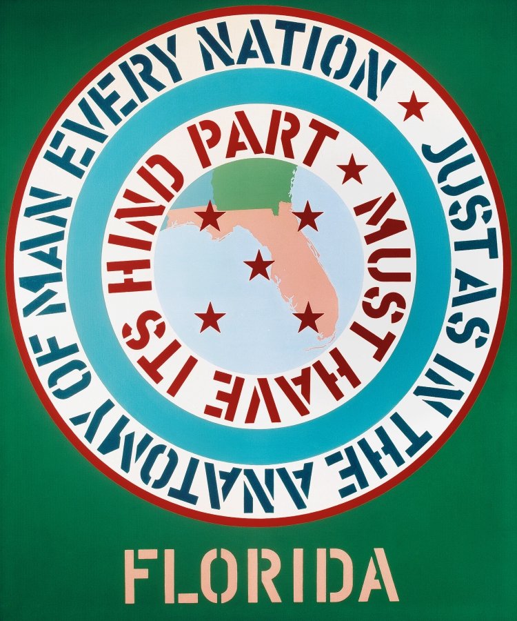 A 70 by 60 inch green canvas with the title, Florida, painted in pink stenciled letters across the center bottom edge of the painting. Above the title and dominating the canvas is a large circle consisting of a pink image of the state of Florida in the middle. Around this image is a white ring with stenciled red text surrounded by a blue ring and another white ring with blue stenciled text and a red outline. The text reads, starting in the outer ring, "Just as in the anatomy of man every nation," and in the inner ring "must have its hind part."