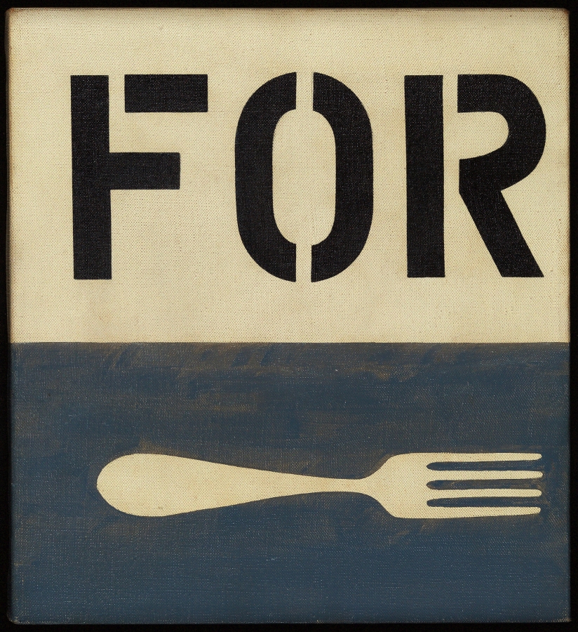 For is a 12 by 11 inch painting. The upper half contains black stenciled letters spelling For on a cream background. The bottom half of the canvas is gray and contains a cream fork with the tines facing to the right.