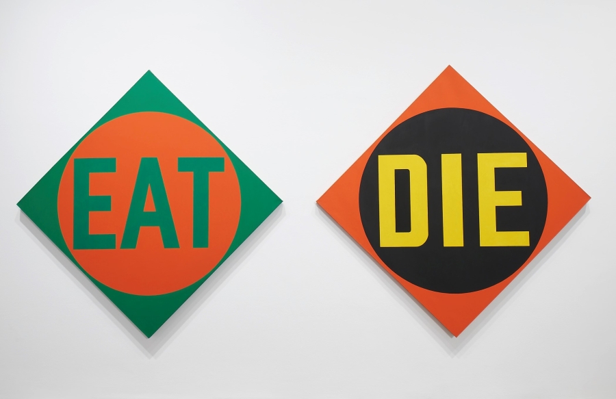 A diptych consisting of two diamond shaped panels. One panel contains the word Eat in green letters within a red circle against a green background. The other contains the word Die in yellow letters within a black circle against a red background.