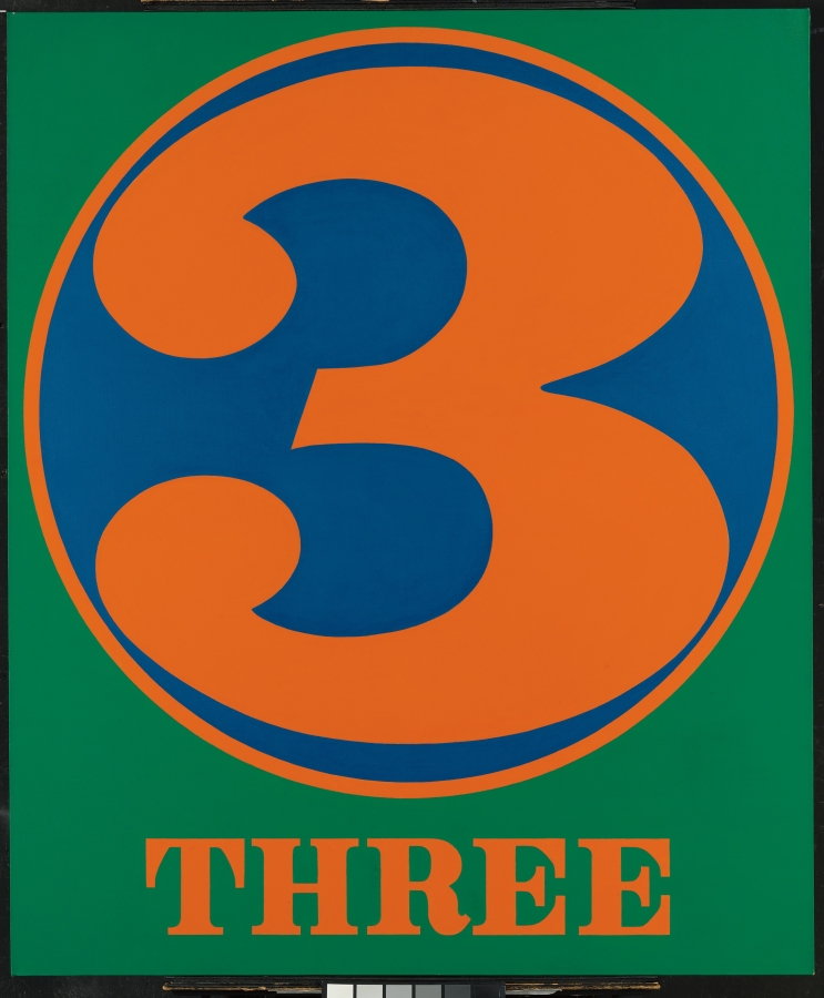 A 60 by 50 inch green canvas dominated by an orange numeral three within a blue circle with an orange outline. Below the circe the painting's title, "Three," is painted in orange letters.