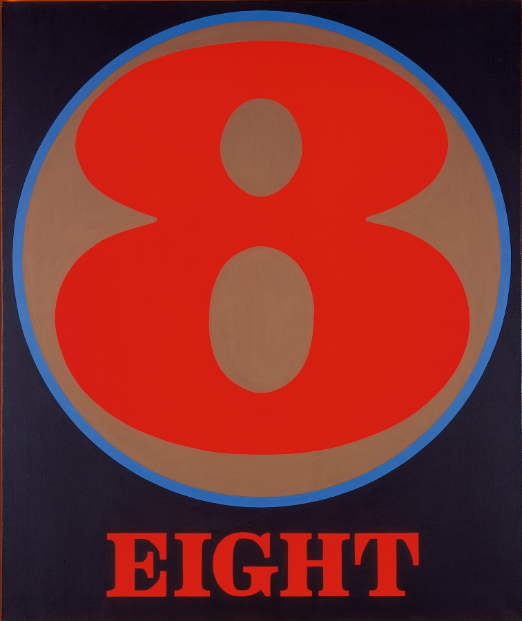 A 60 by 50 inch black canvas dominated by a red numeral eight within a brown circle with a blue outline. Below the circe the work's title, "Eight," is painted in red letters.