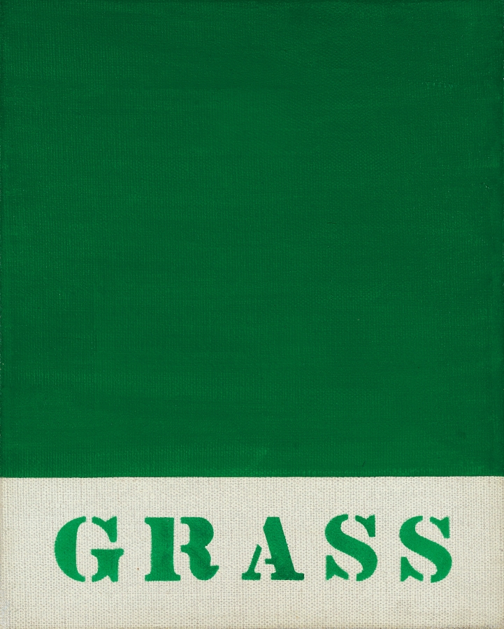 A 10 by 8 inch canvas almost dominated by a green field of color. The bottom quarter of the canvas contains the painting's title, Grass, in green stenciled letters against the white canvas.