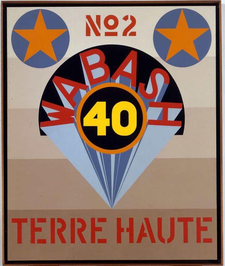 Terre Haute No. 2 is a 60 by 50 inch canvas with a ground consisting of five horizontal stripes starting with beige at top and becoming an increasingly darker brown. The darkest brown stripe at the bottom of the canvas contains "Terre Haute" painted in stenciled red letters.  In the center of the canvas is yellow number 40 in a black circle with an orange outline. Above the circle is a a black arc with "Wabash" painted in red letters. Light and darker blue rays emanate from behind the letters, ending in a triangle below the circle. There is a blue circle with an orange star at the top left and right of the canvas, in between this No 2 has been painted in red.