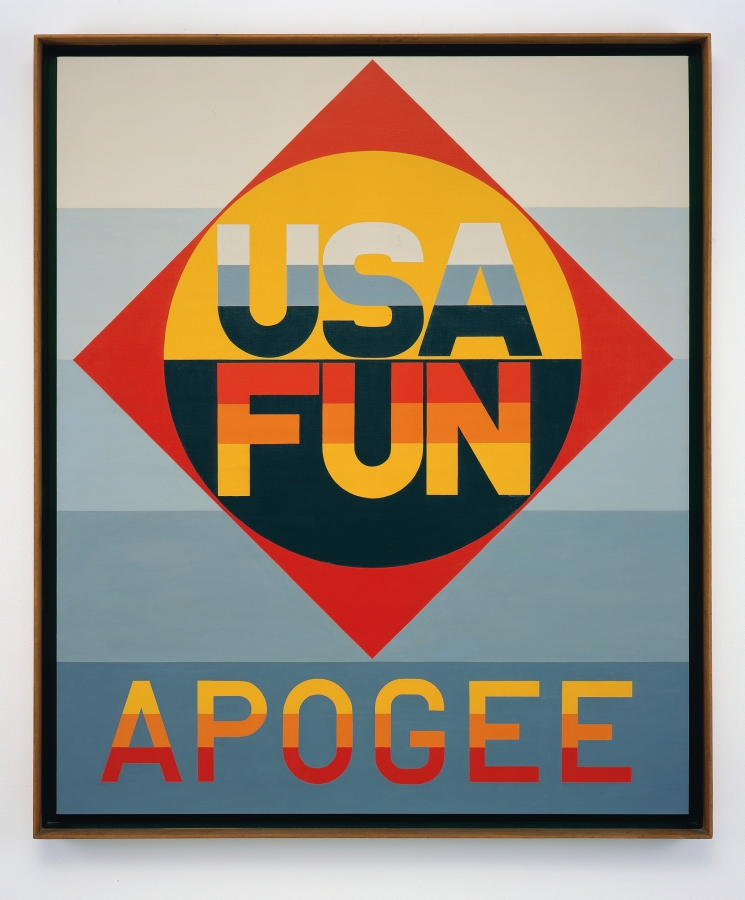 A 60 by 50 inch canvas with a ground of five horizontal stripes, starting with a very light gray and getting progressively darker. The work's title, Apogee, is painted across the darkest stripe at the bottom, in yellow, orange and red striped letters. Above the title is a red diamond with a circle. The top half of the circle is yellow, with the text USA; each letter is three shades of gray, from lightest at top to darkest at bottom. The lower half of the circle is black, with the word fun, each letter consisting of a red, orange, and yellow stripes.