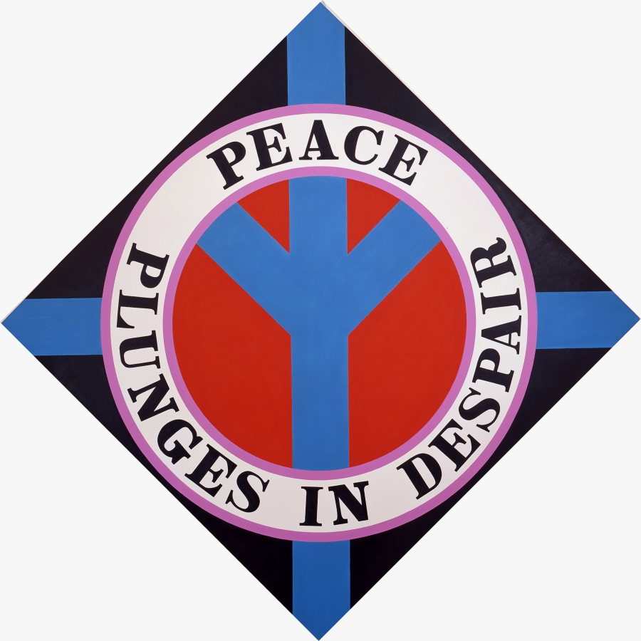 A 67 1/2 by 67 1/2 inch diamond shaped black painting with an upside down blue peace sign in a red circle. The ring around the sign is white with light purple outlines. In it the work's title, "Peace Plunges in Despair," is painted in black letters. "Peace" appears on the top half, and "Plunges in Despair" appears on the bottom half. Blue rectangular bands of paint go from the outer edge of the circle to each corner of the triangle.